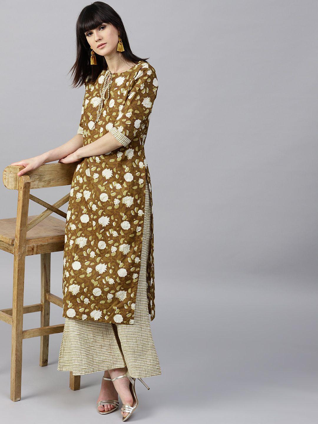 gerua women olive green & beige printed kurta with palazzos