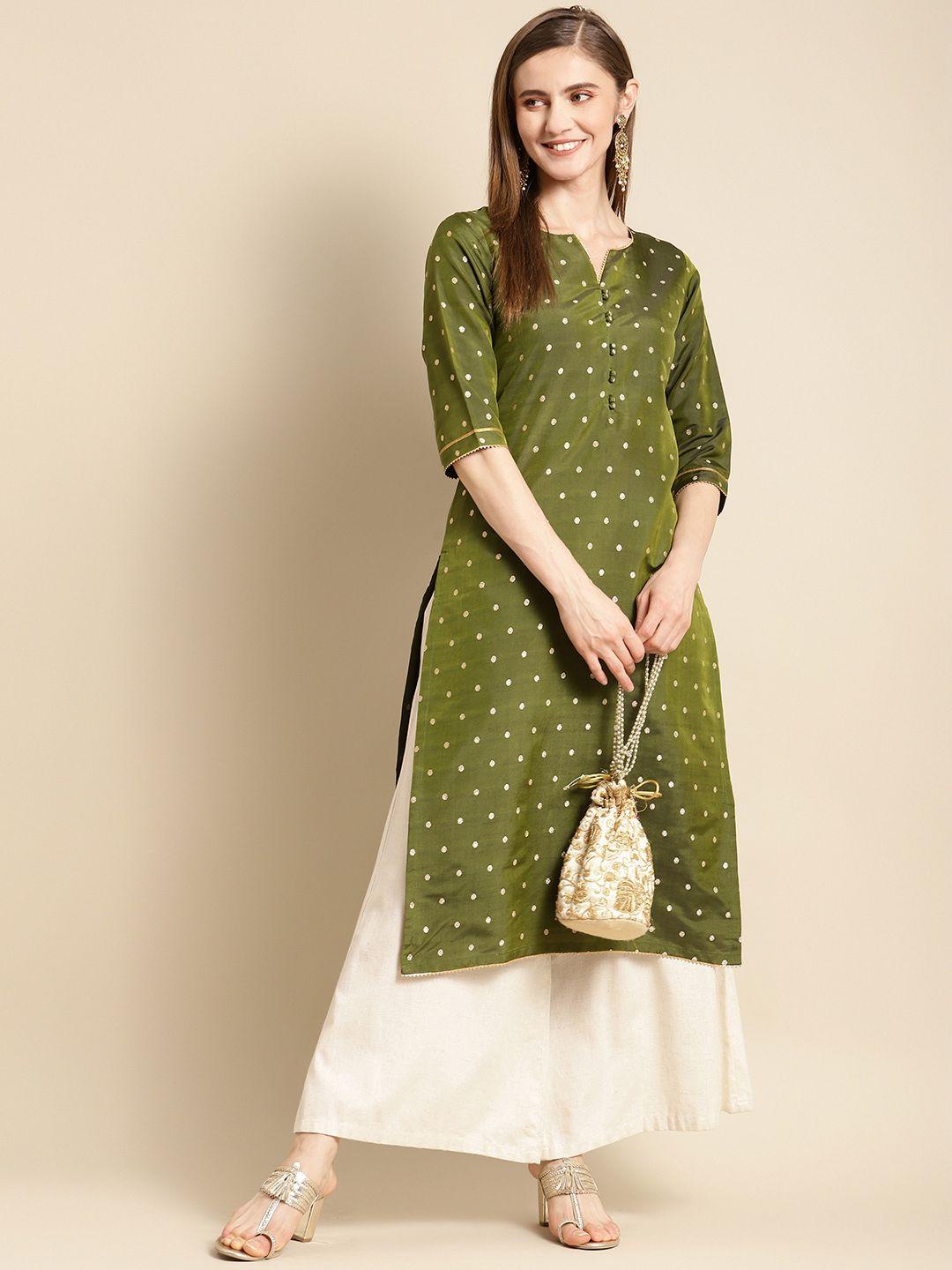 gerua women olive green & golden printed gotta patti kurta