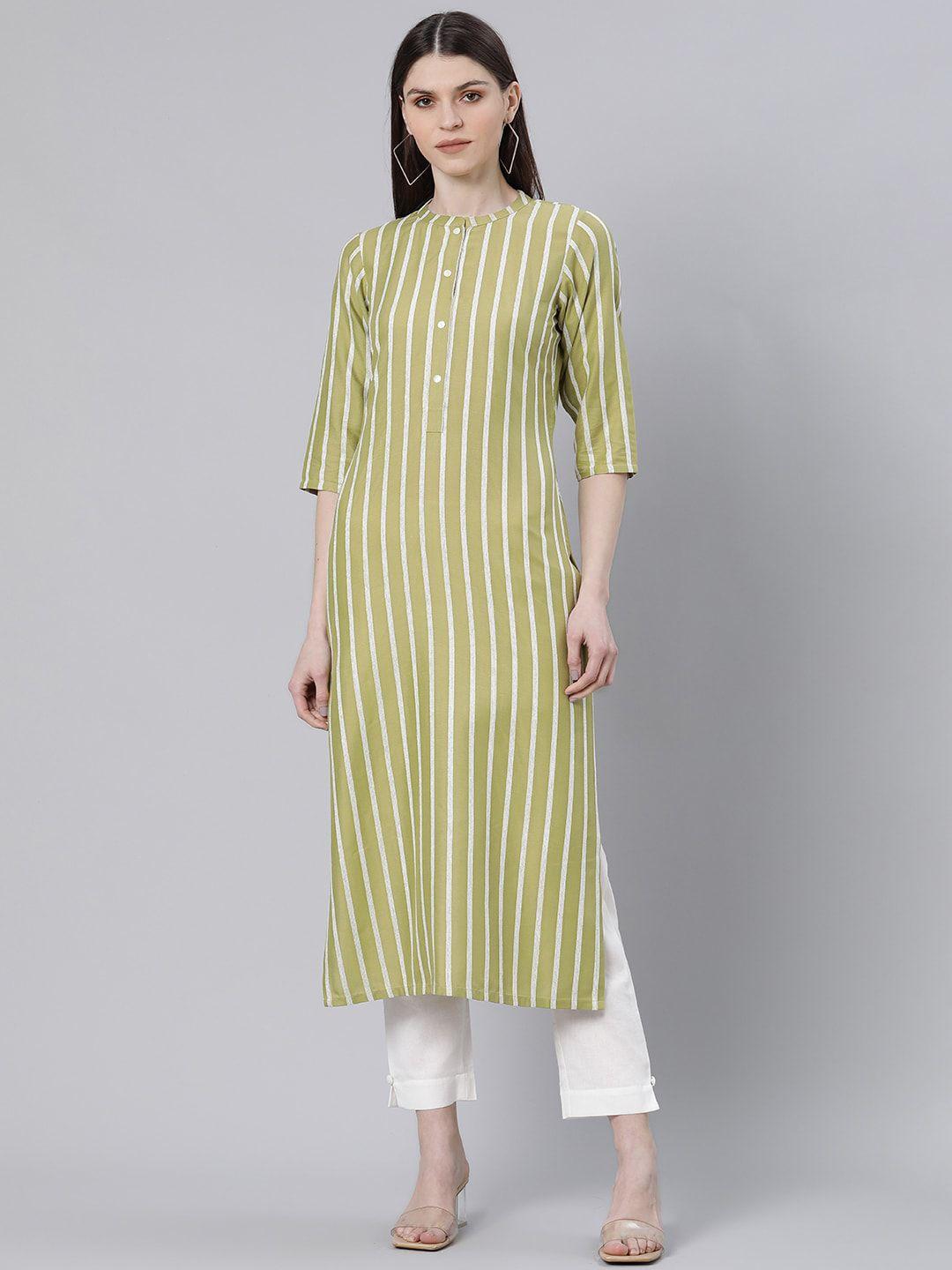 gerua women olive green & white striped thread work kurta