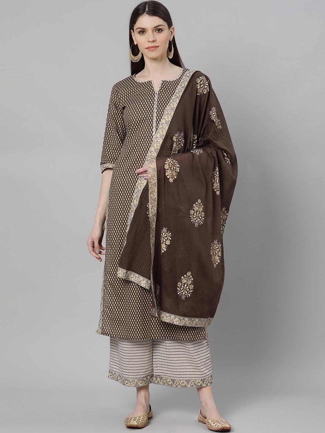 gerua women olive green printed kurta with trousers & dupatta