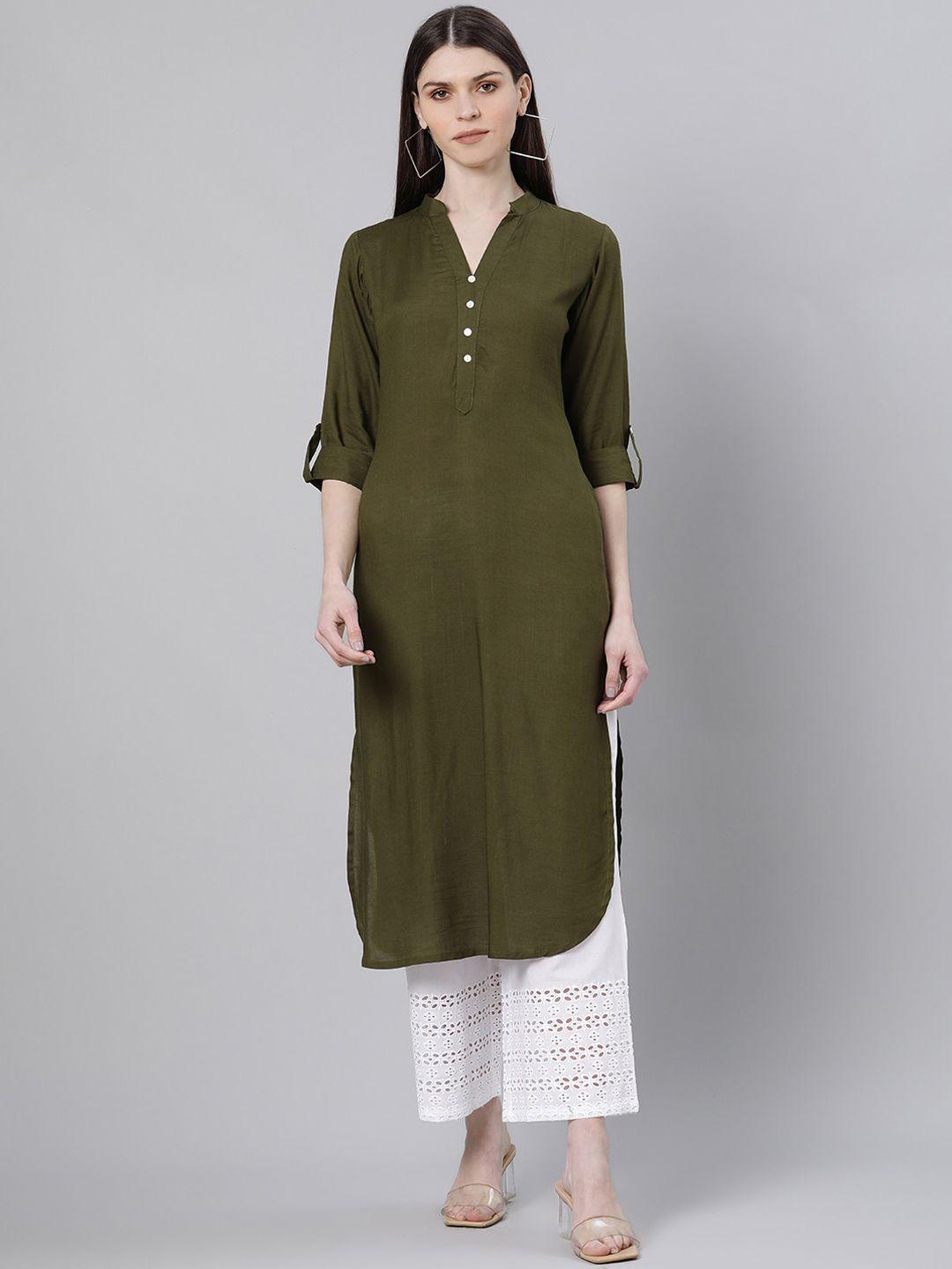 gerua women olive green solid kurta