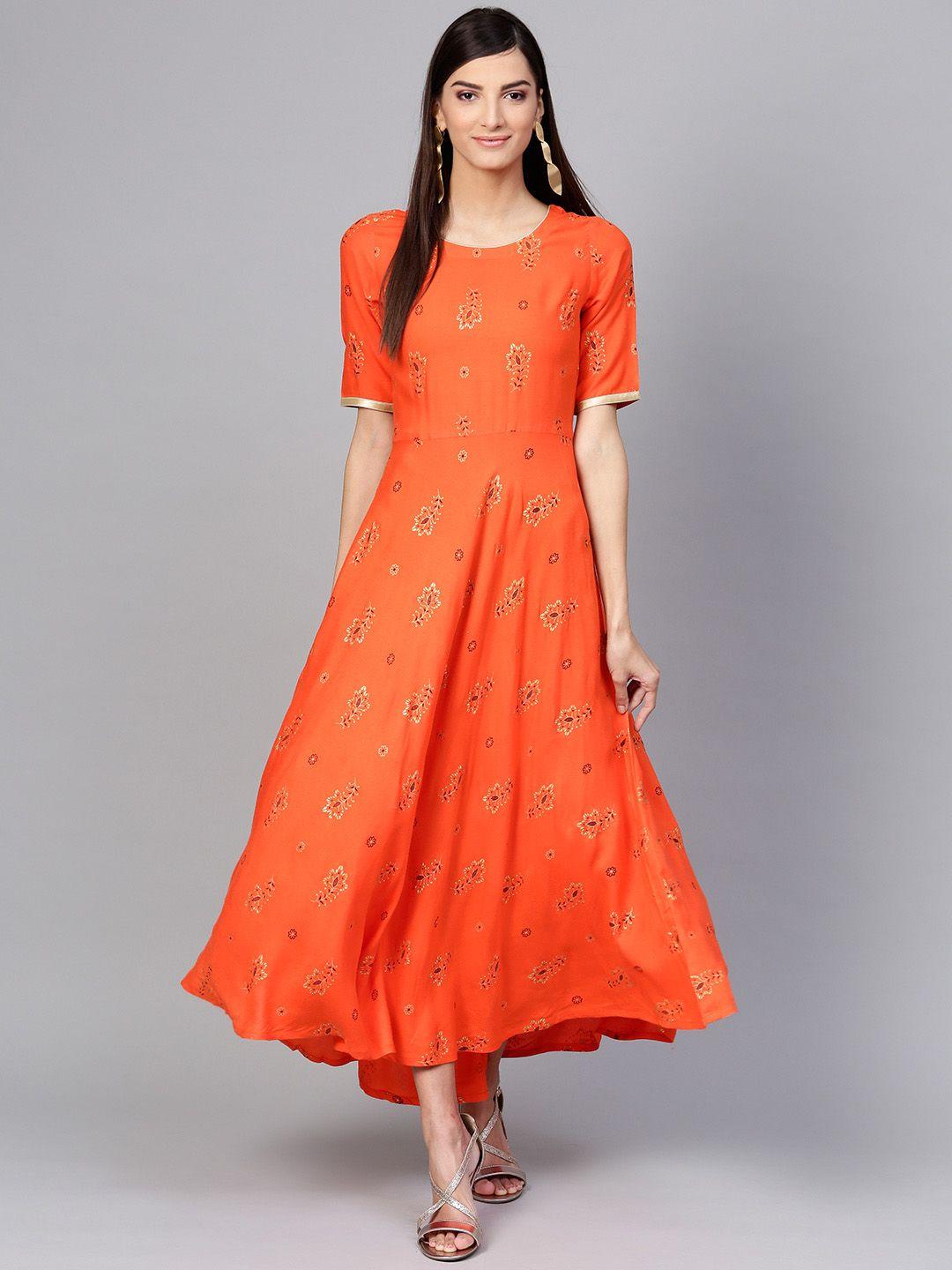 gerua women orange & golden printed maxi dress