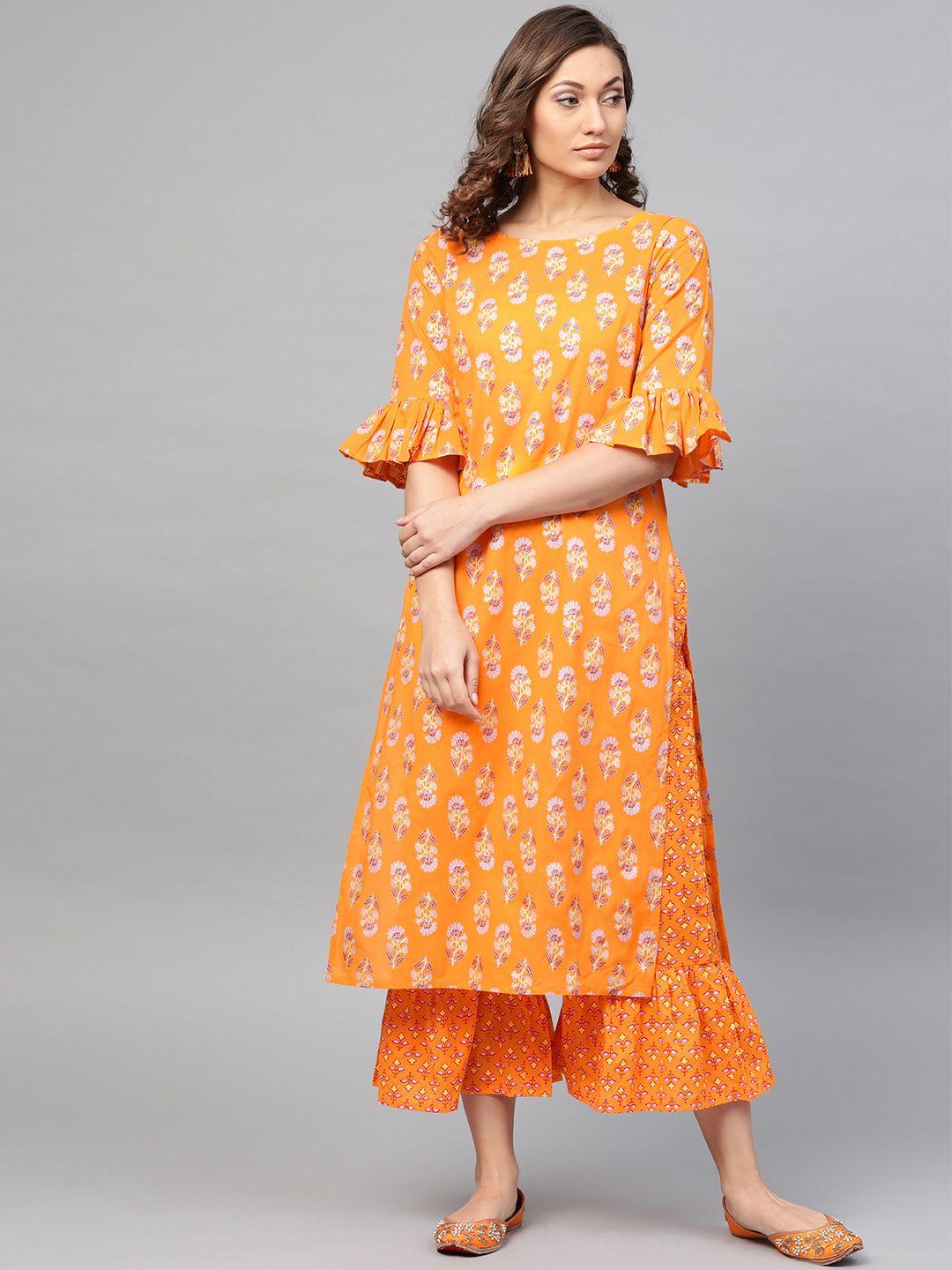 gerua women orange & pink block print kurta with sharara