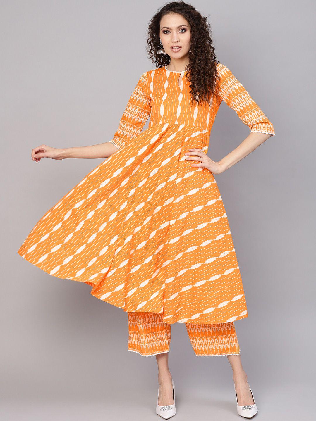 gerua women orange & white printed kurta with palazzos