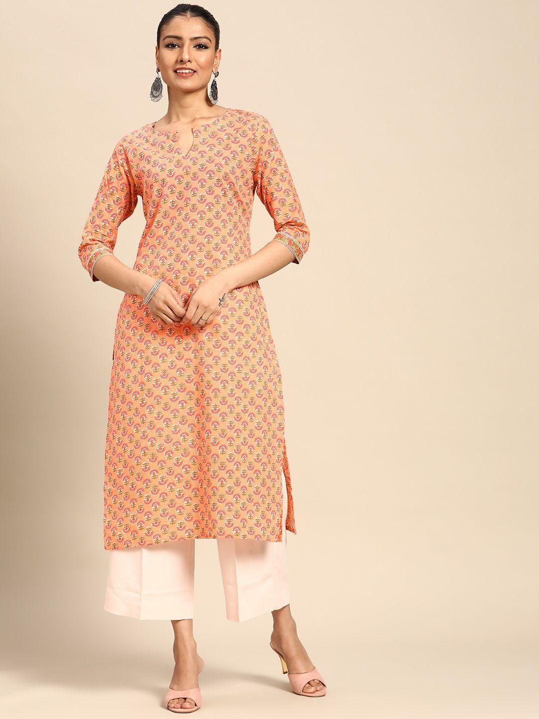 gerua women orange ethnic motifs printed keyhole neck kurta