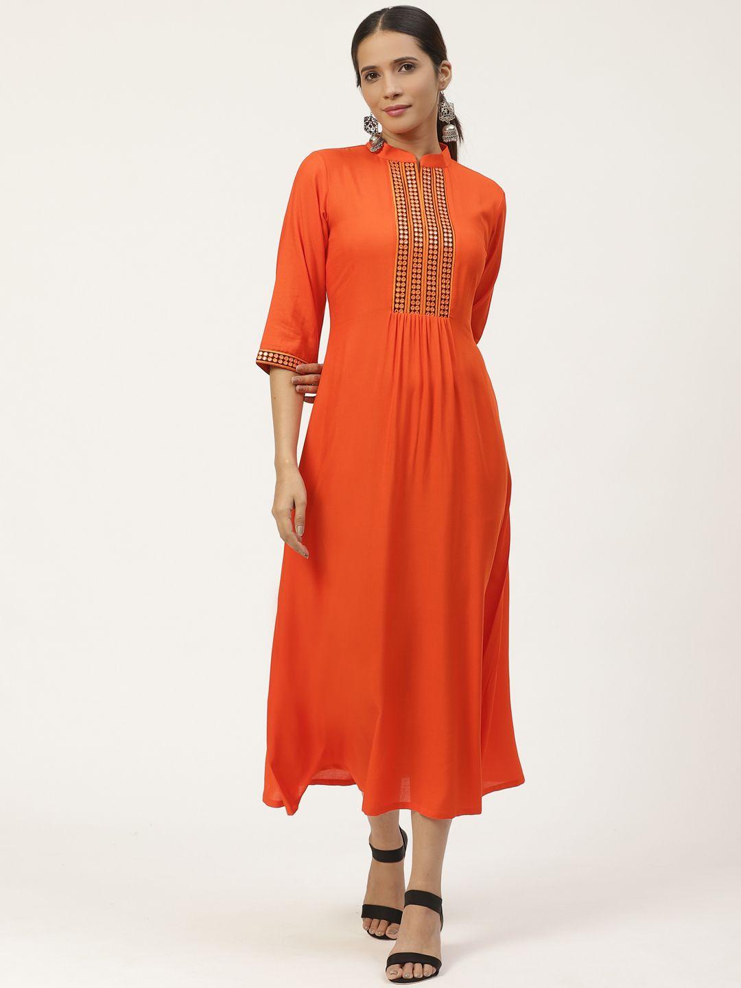 gerua women orange mirror work solid maxi dress