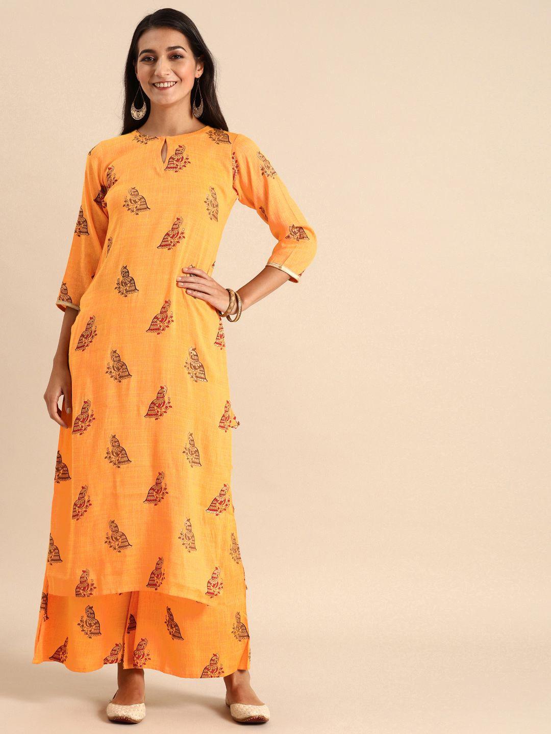 gerua women orange printed kurta with palazzos