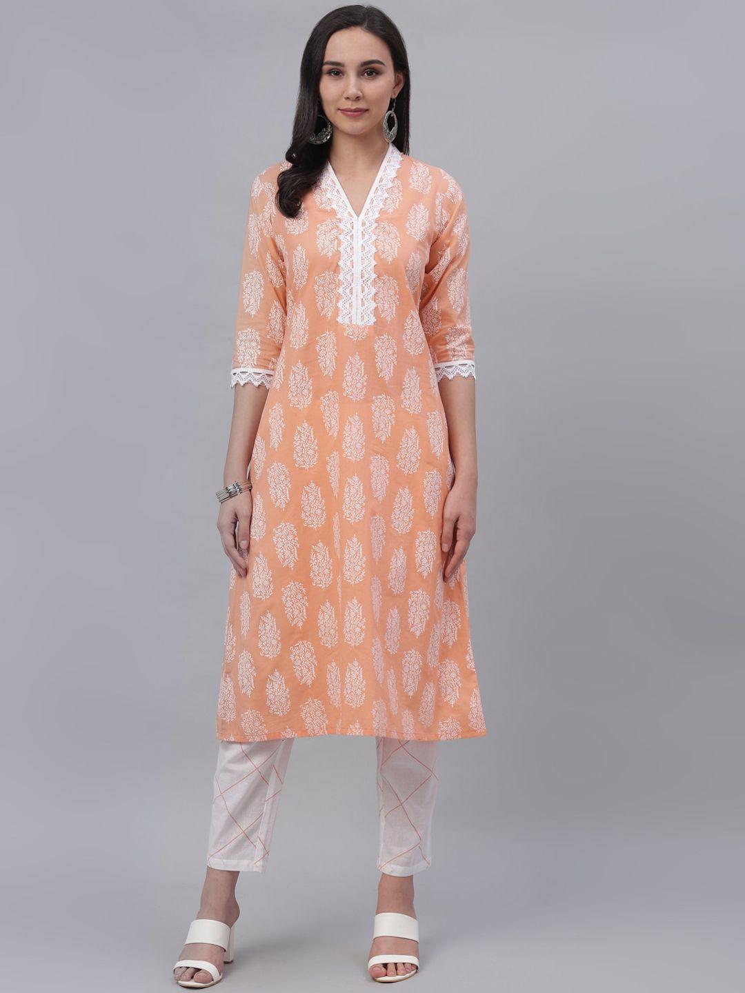 gerua women peach-coloured & off-white printed kurta with trousers