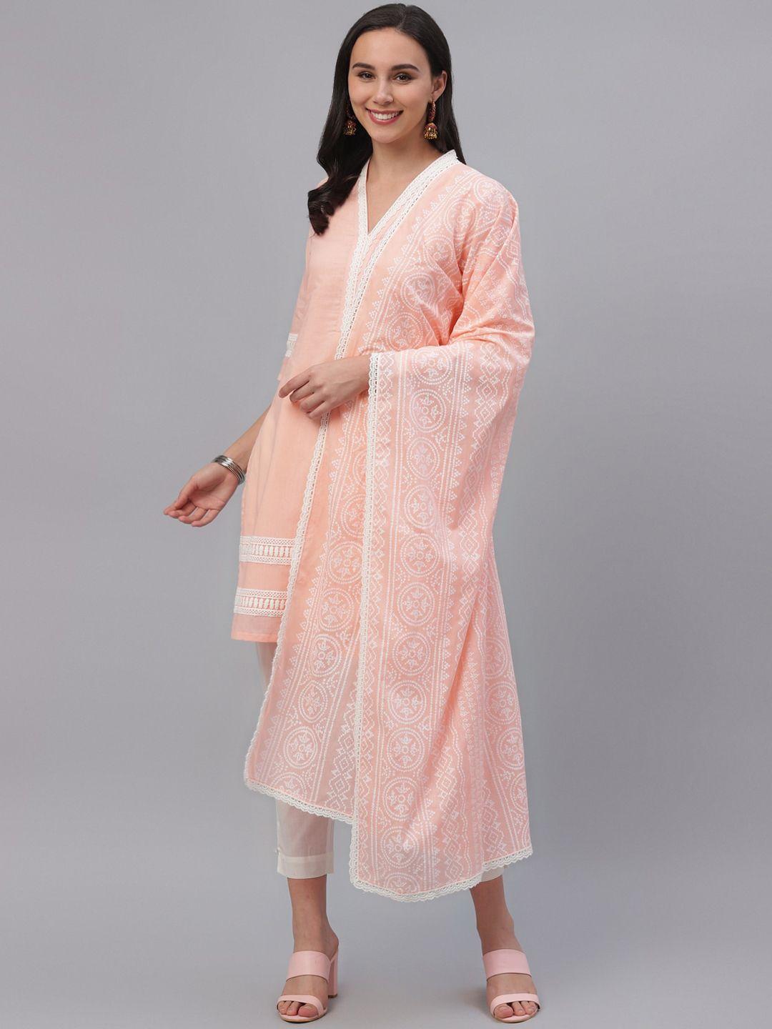 gerua women peach-coloured striped kurti with trousers & dupatta