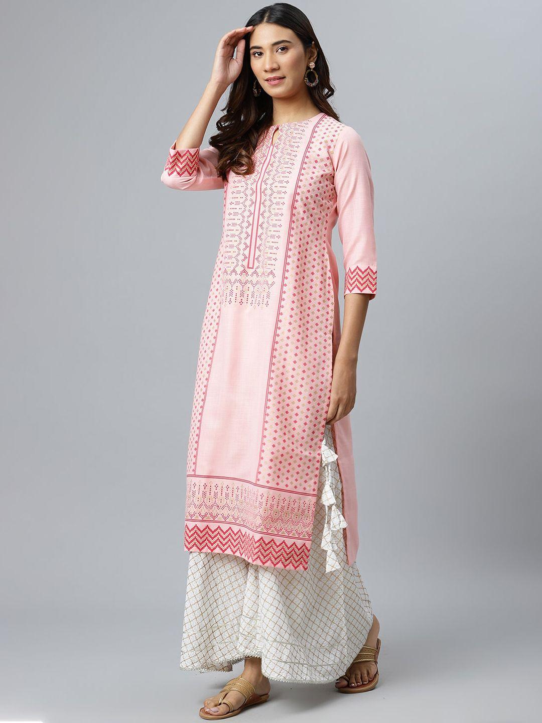 gerua women pink & white geometric printed keyhole neck kurta