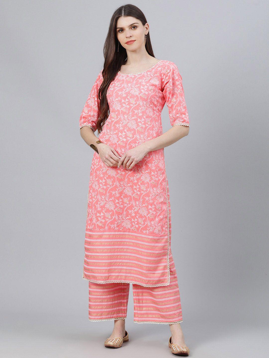 gerua women pink & white printed kurta with palazzos