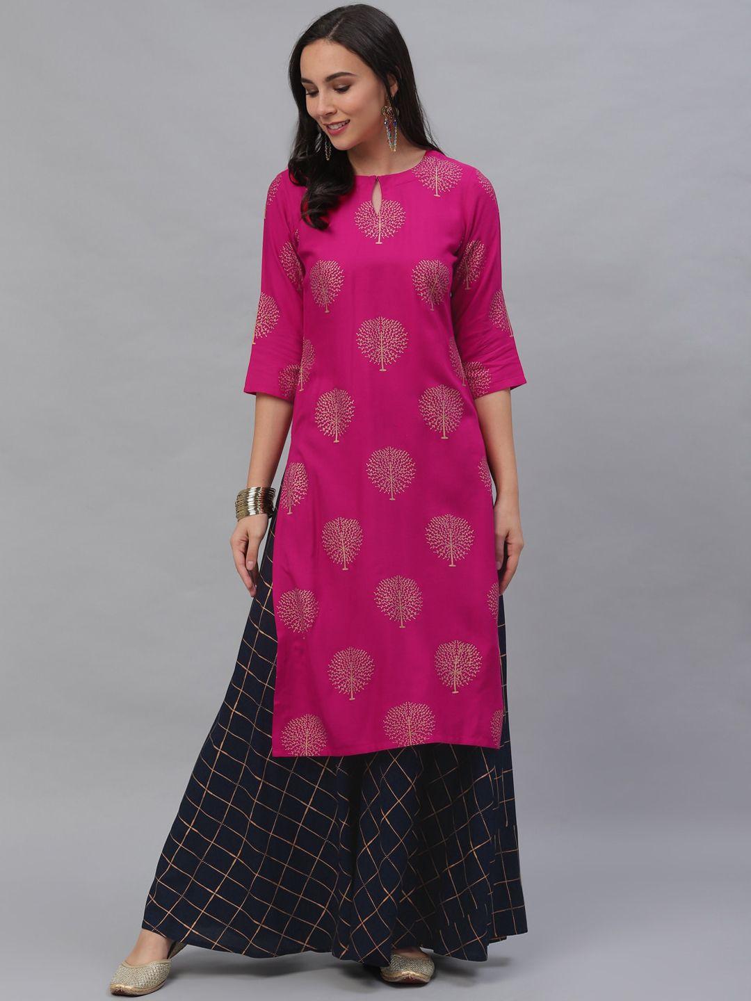 gerua women pink ethnic motifs printed panelled kurta with skirt