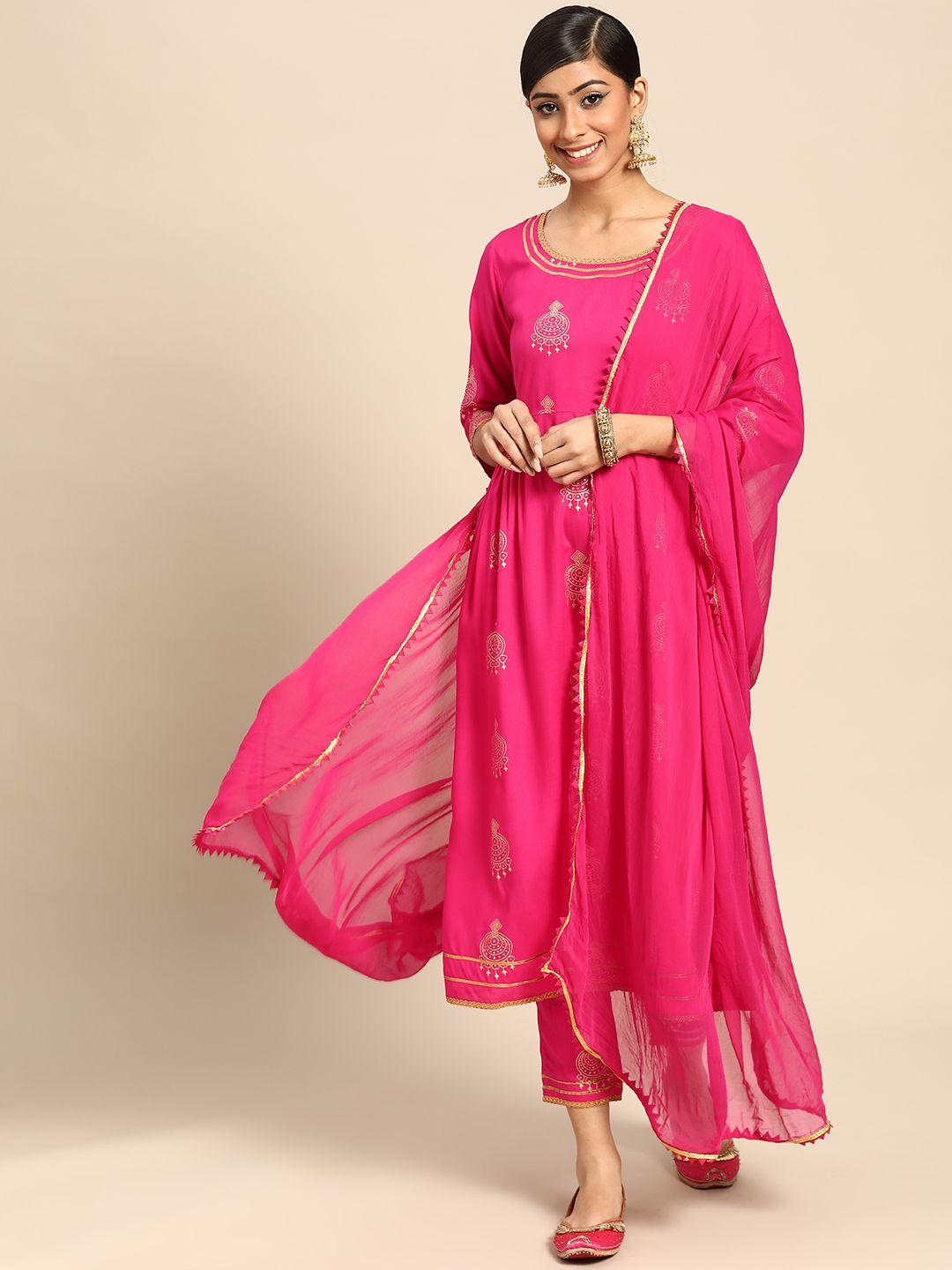 gerua women pink ethnic motifs printed pleated kurta with trousers & with dupatta