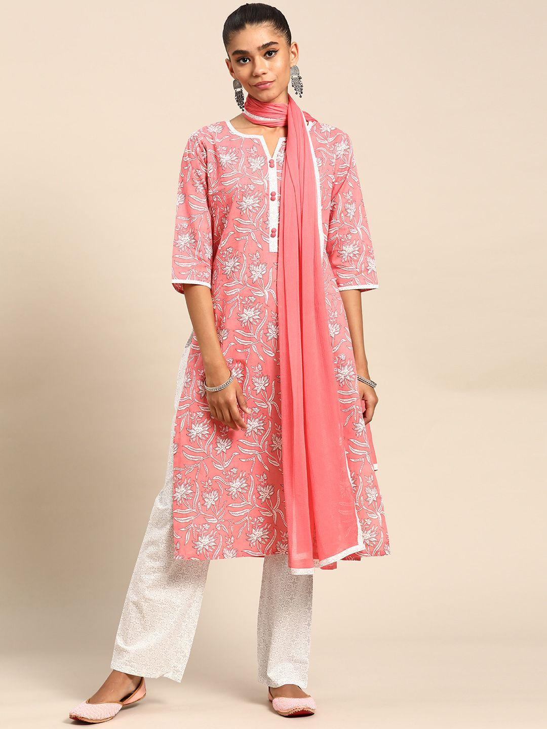gerua women pink floral printed pure cotton kurta with trousers & with dupatta