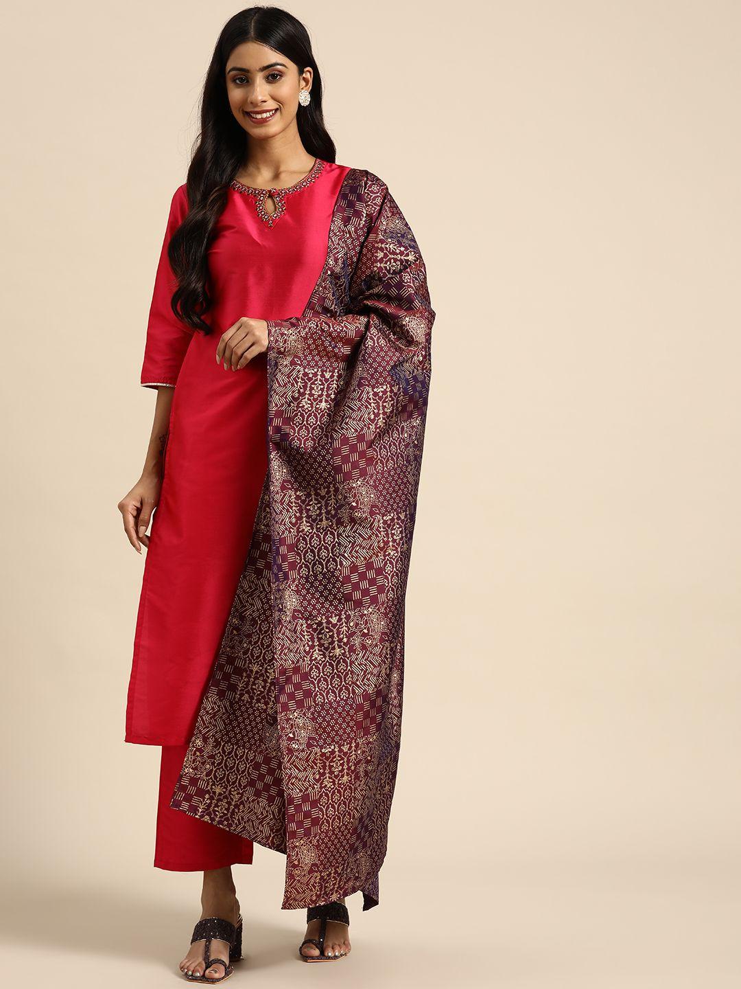 gerua women pink floral yoke design kurta with trousers & with dupatta