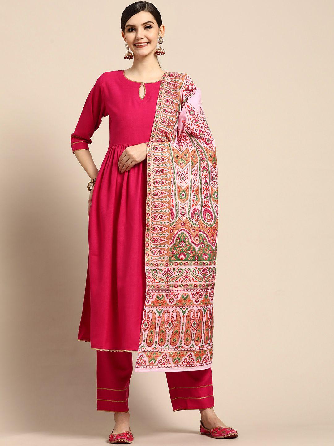 gerua women pink pleated gotta patti kurta with trousers & with dupatta