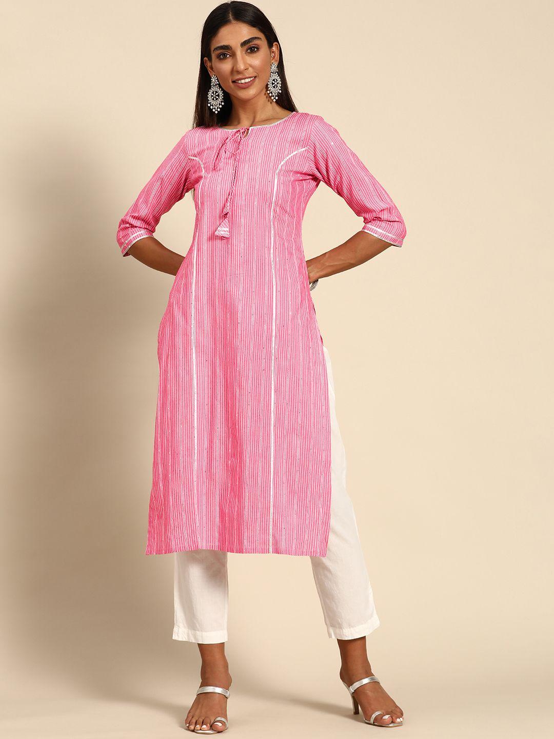 gerua women pink striped gotta patti kurta