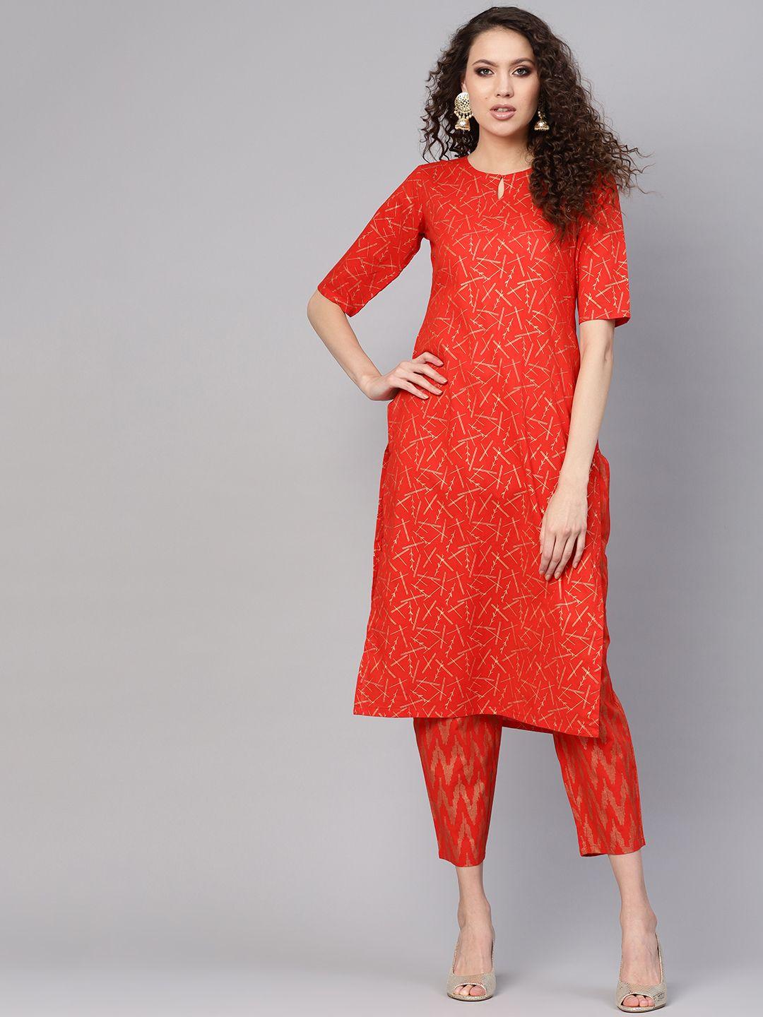 gerua women red & golden block print kurta with trousers