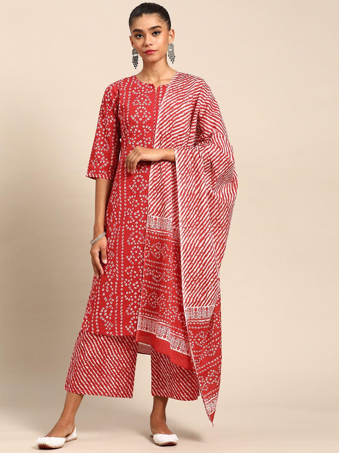 gerua women red bandhani printed pure cotton kurta with palazzos & with dupatta