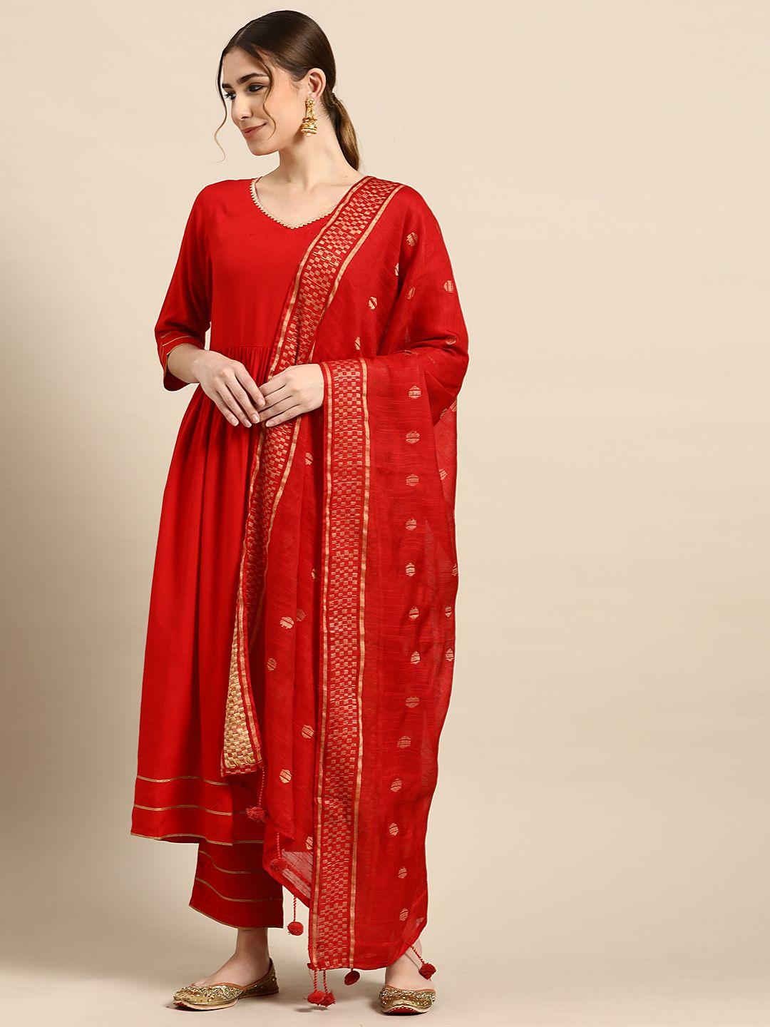 gerua women red gotta patti kurta with trousers & with dupatta