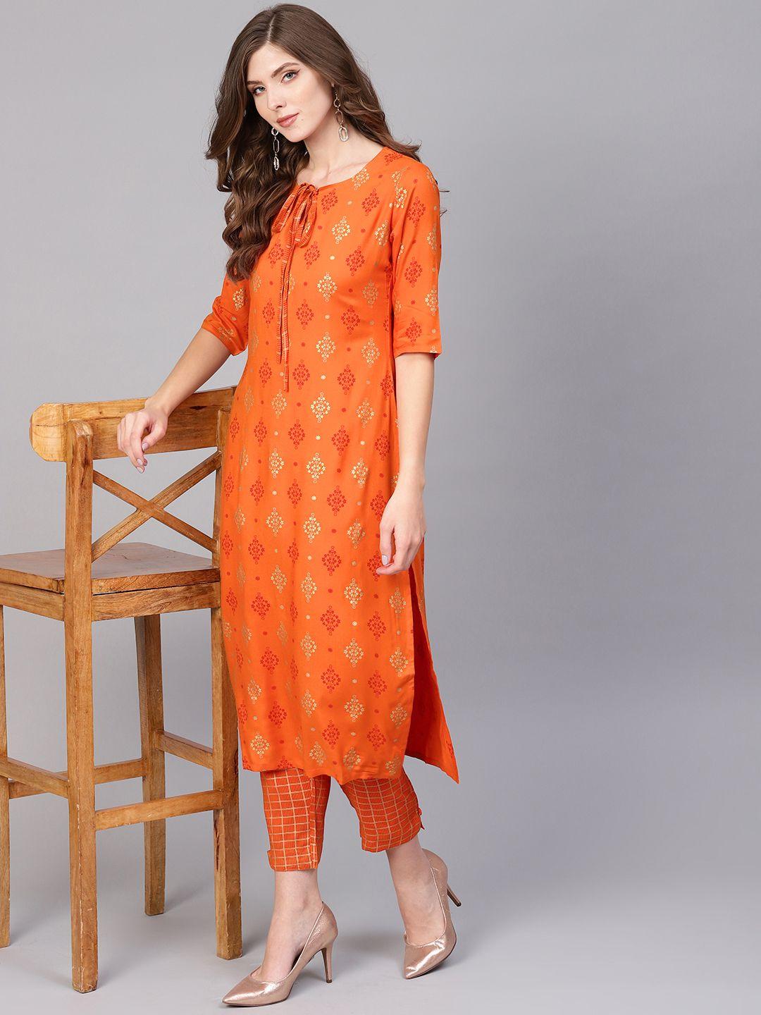 gerua women rust orange & golden block print kurta with trousers