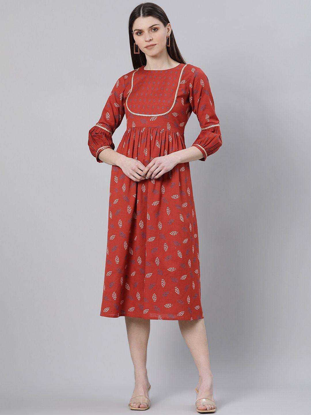 gerua women rust red printed empire dress