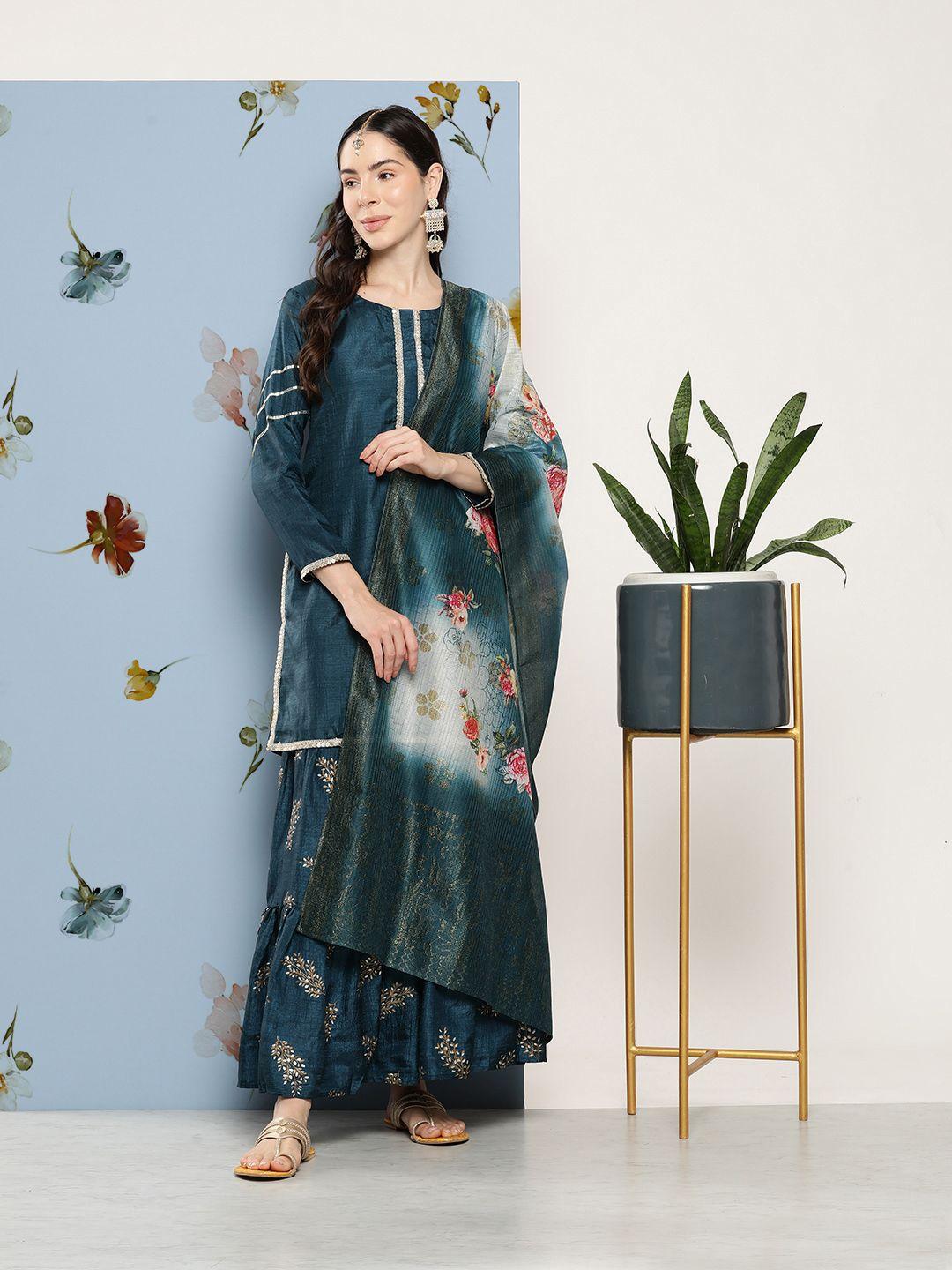 gerua women sequinned kurti with sharara & dupatta