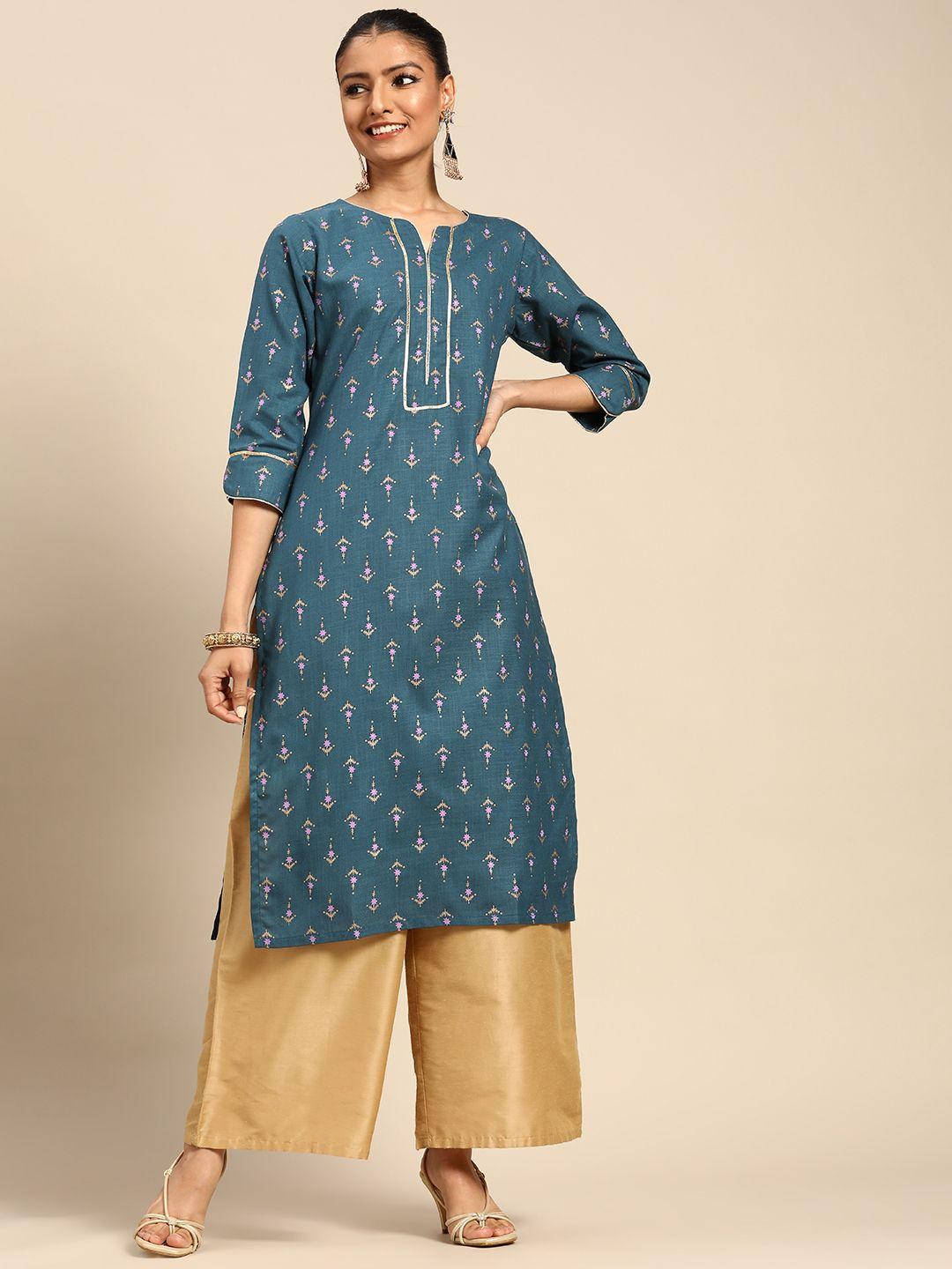 gerua women teal & golden ethnic motifs printed gotta patti kurta