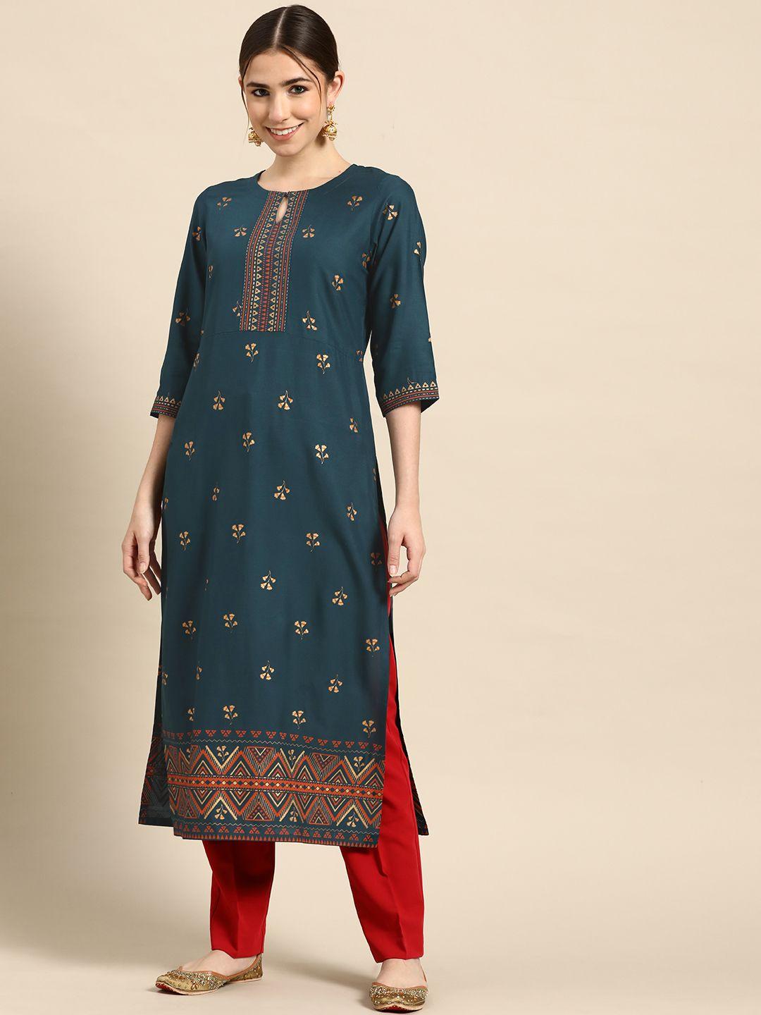 gerua women teal & golden floral motifs printed keyhole neck kurta