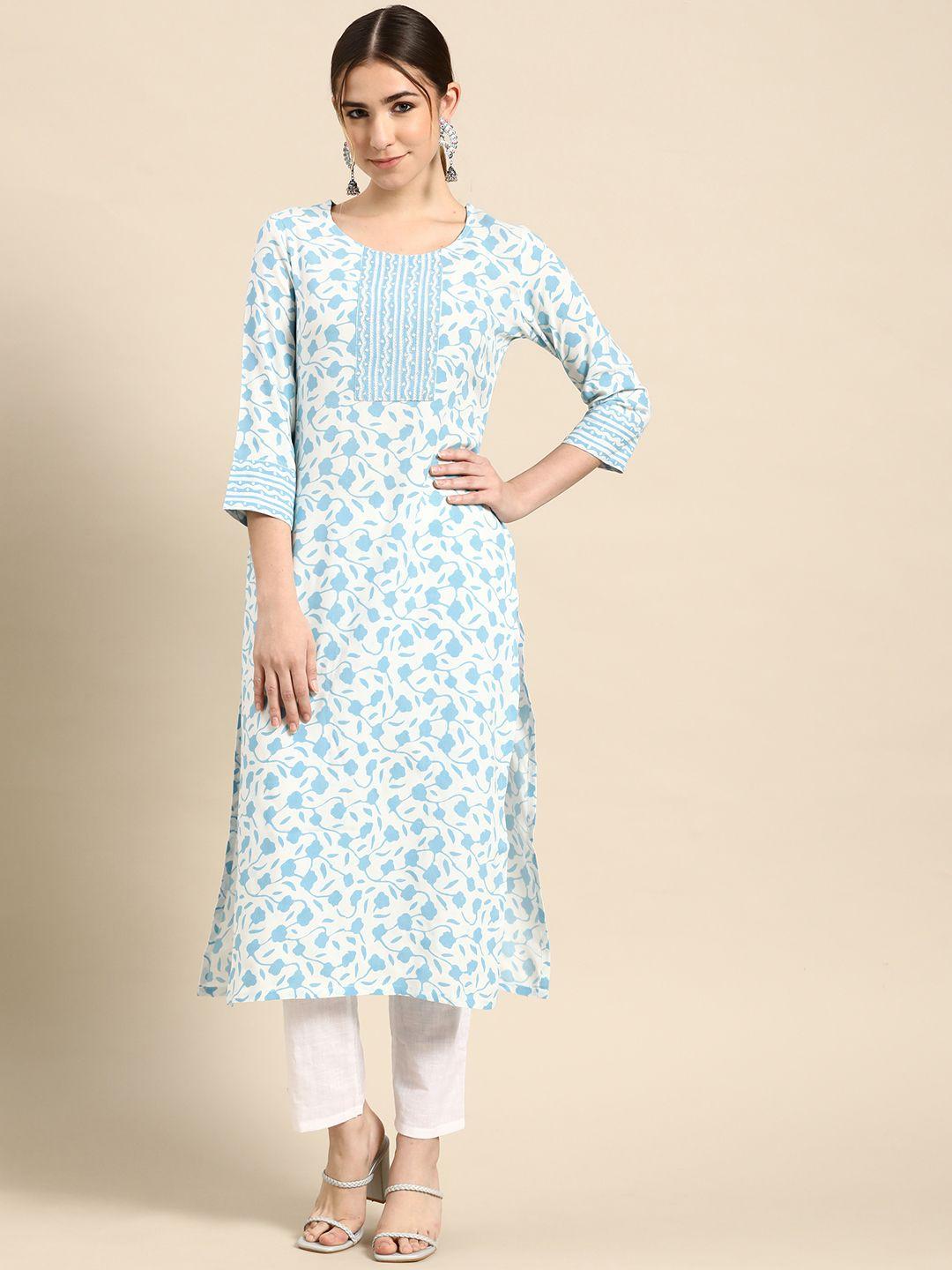 gerua women white & blue floral printed kurta