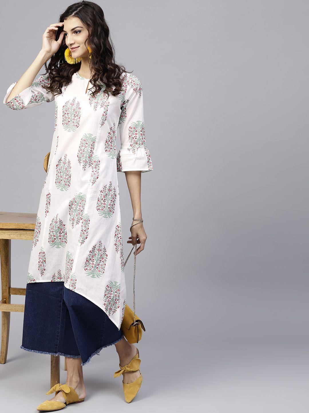 gerua women white & green printed a-line kurta