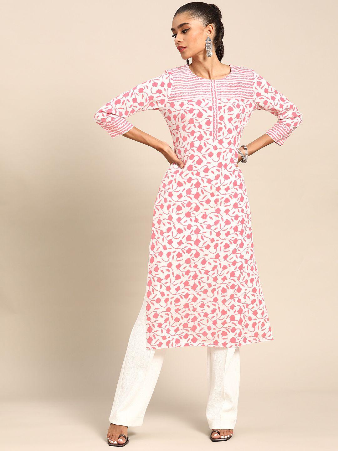 gerua women white & pink floral printed floral kurta