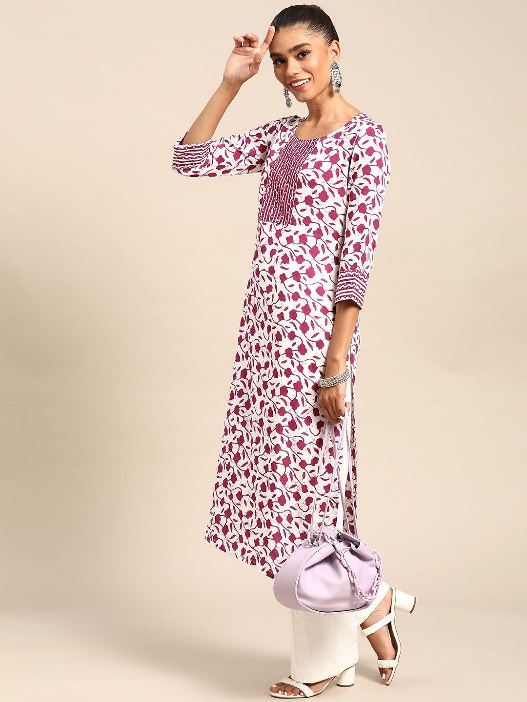 gerua women white & purple floral motifs printed kurta