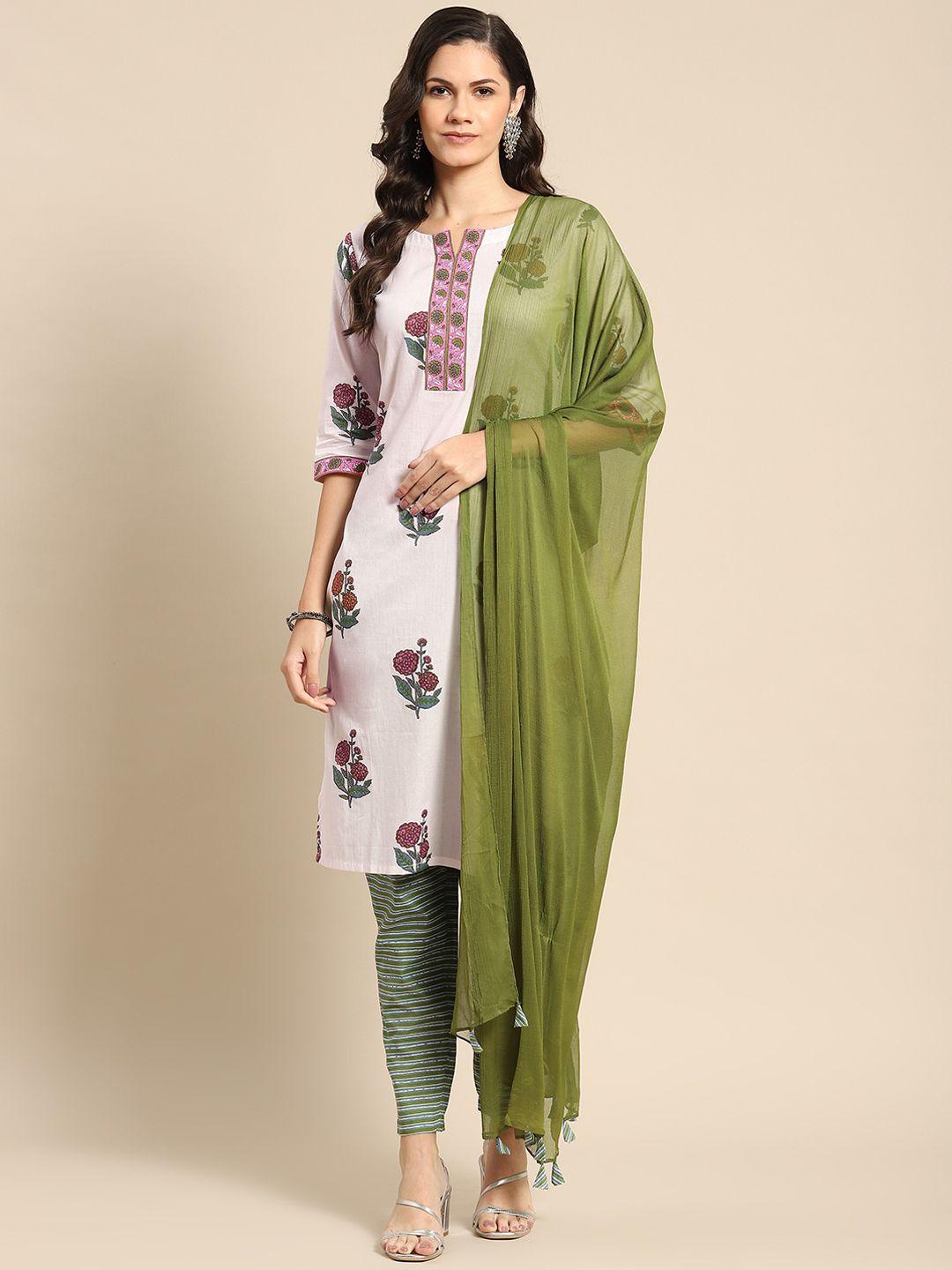 gerua women white floral motifs printed pure cotton kurta with trousers & with dupatta