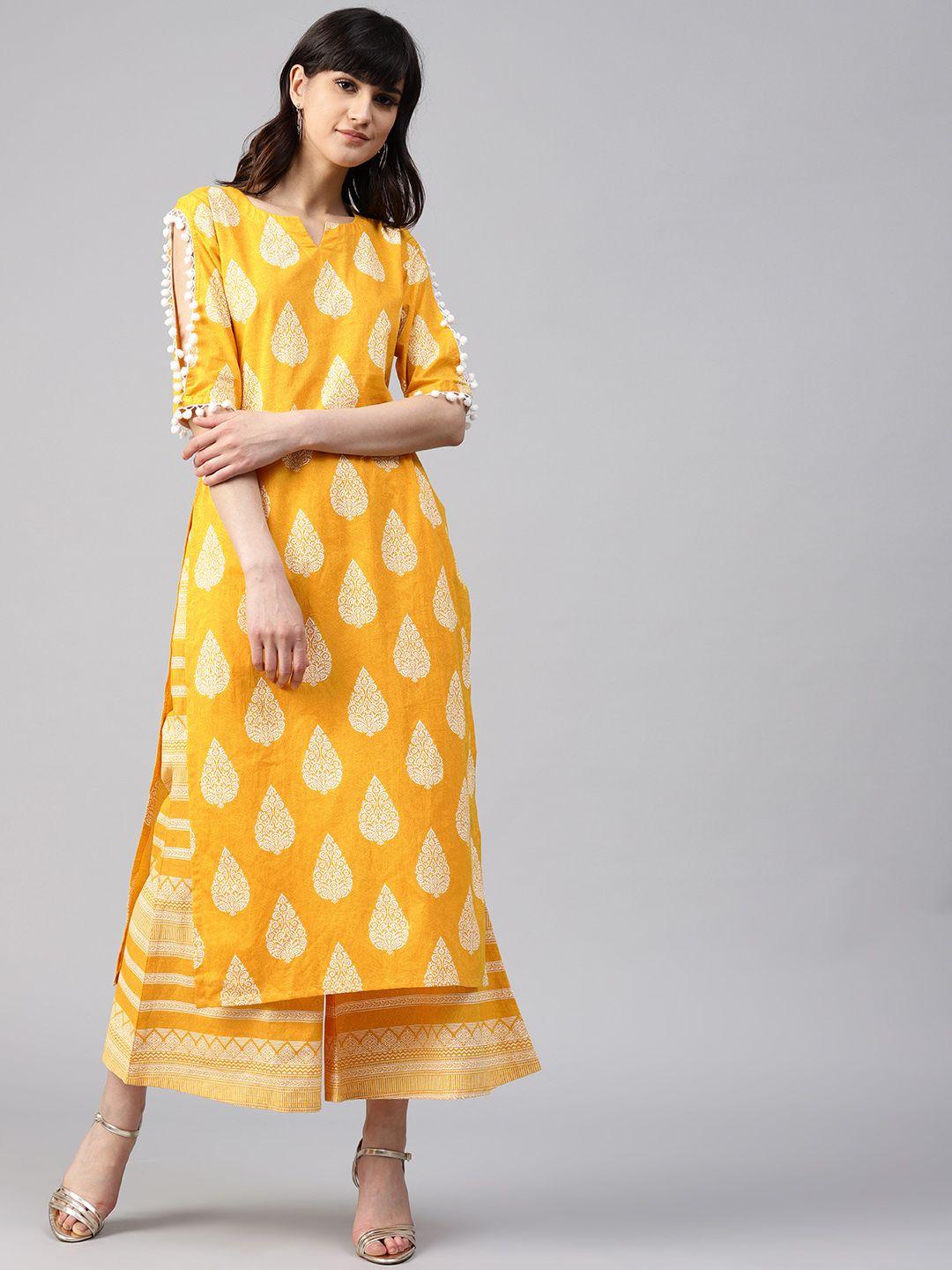 gerua women yellow & white printed kurta with palazzos