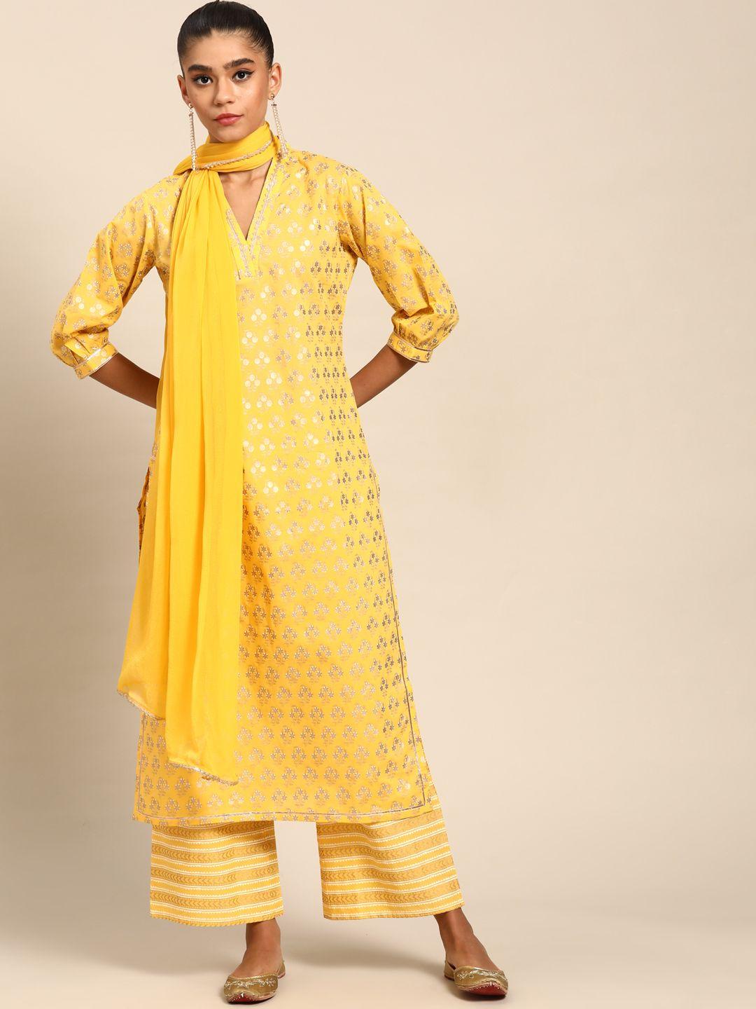 gerua women yellow floral printed gotta patti pure cotton kurta with palazzos & with dupatta