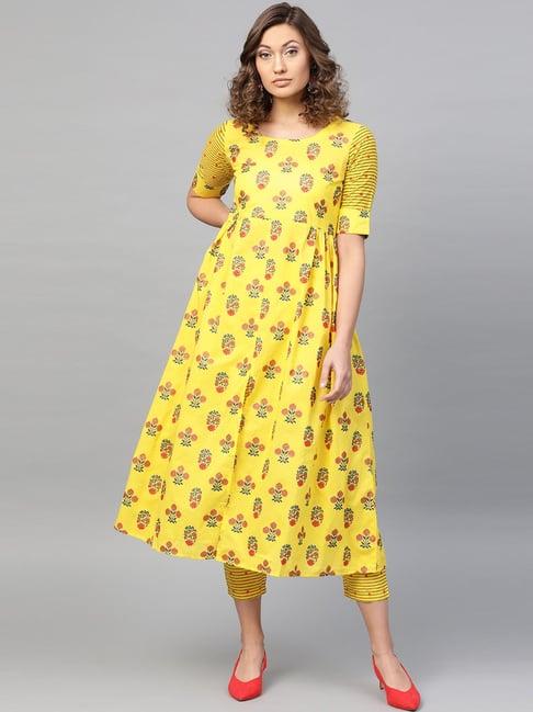 gerua yellow cotton floral print kurta pant set