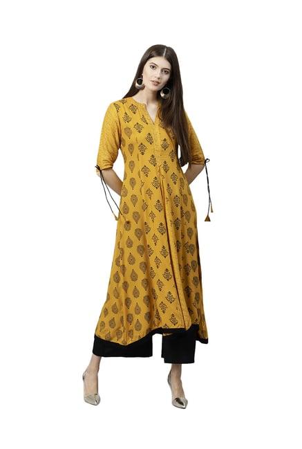 gerua yellow printed a-line kurta