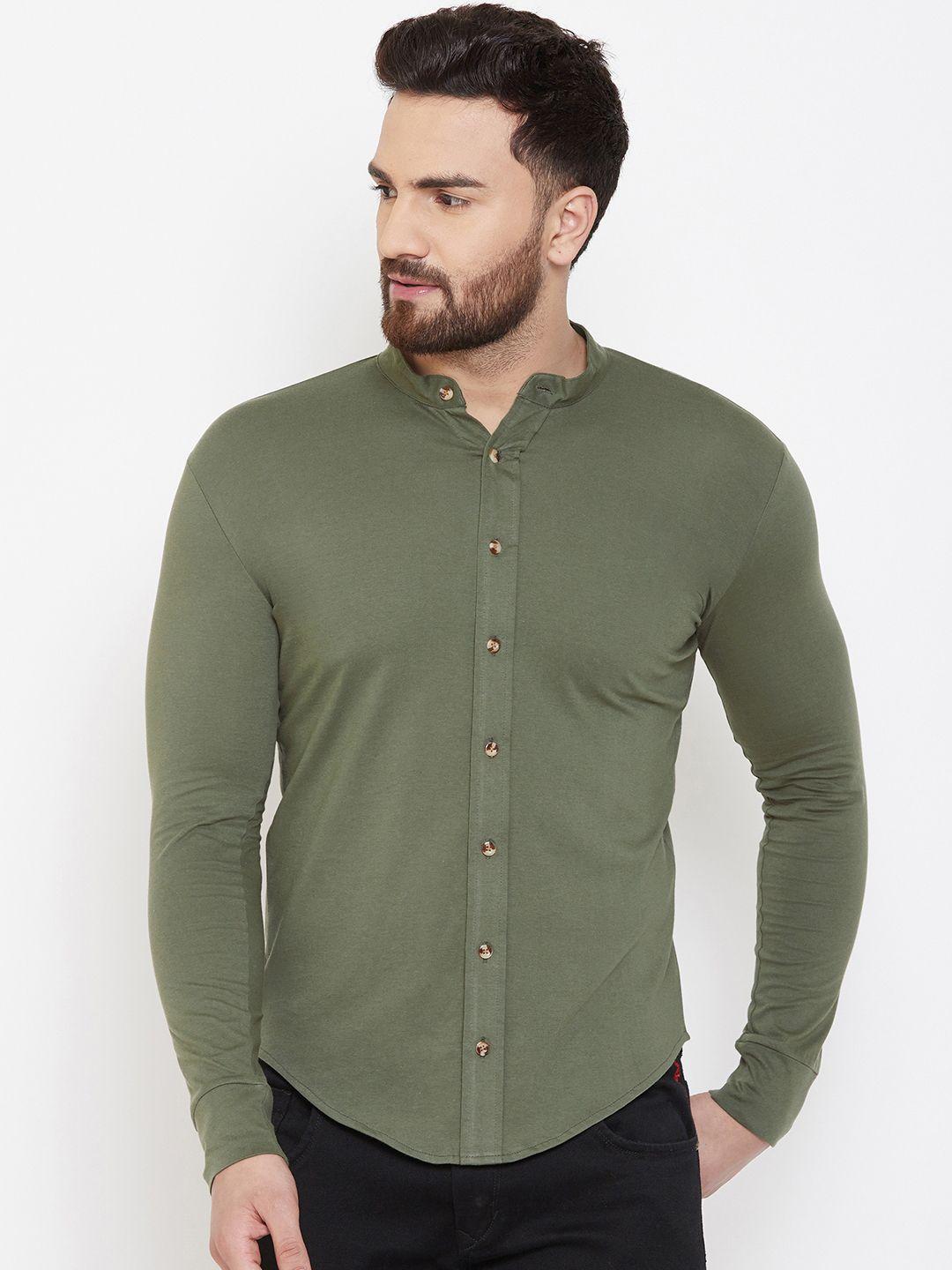 gespo men olive green slim fit solid casual shirt