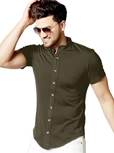 gespo men's dark green mandarin collar half sleeve casual shirt