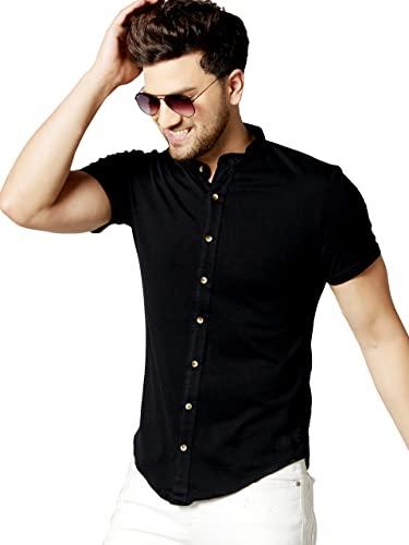 gespo men's navy blue mandarin collar half sleeve casual shirt