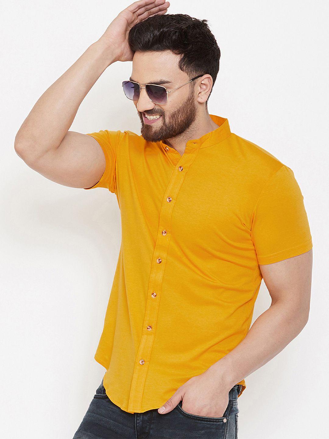 gespo men mustard solid mandarin collar casual shirt