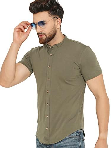 gespo regular fit men's solid green mandarin collar half sleeve casual shirt-x-large