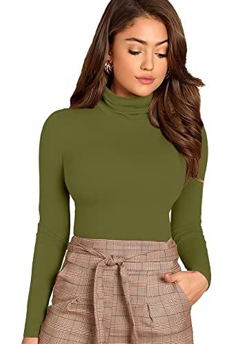 gespo women's solid dark green high neck full sleeve top