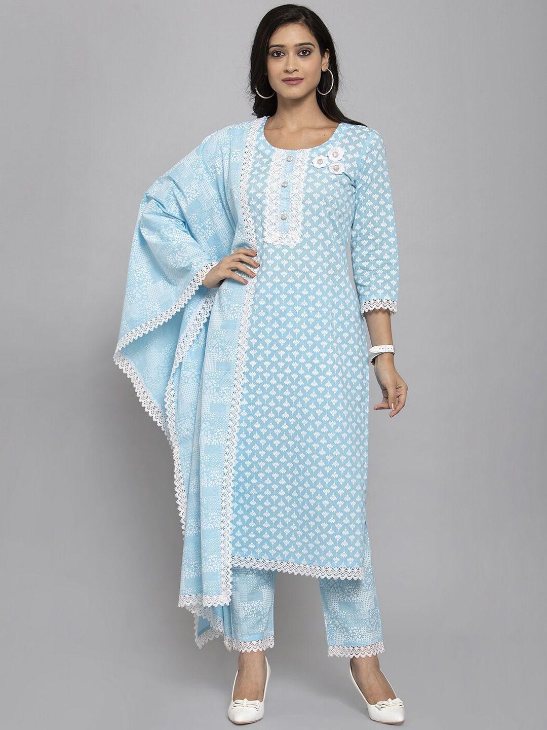 get glamr women blue & white printed kurta with trousers & dupatta