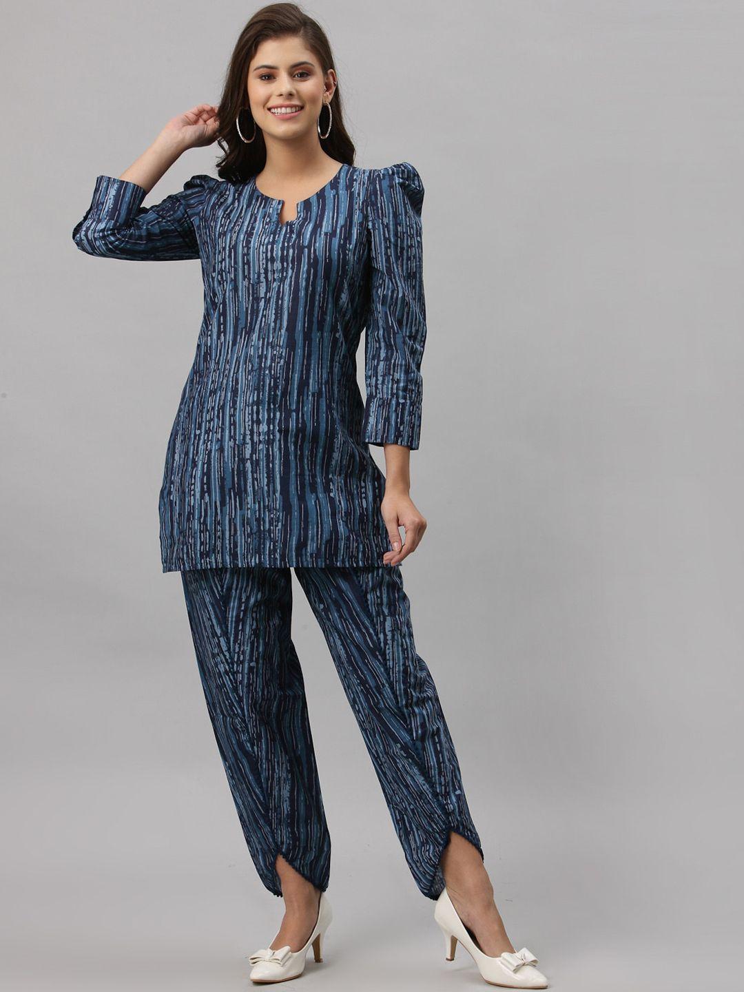 get glamr women navy blue printed regular pure cotton kurti with dhoti pants