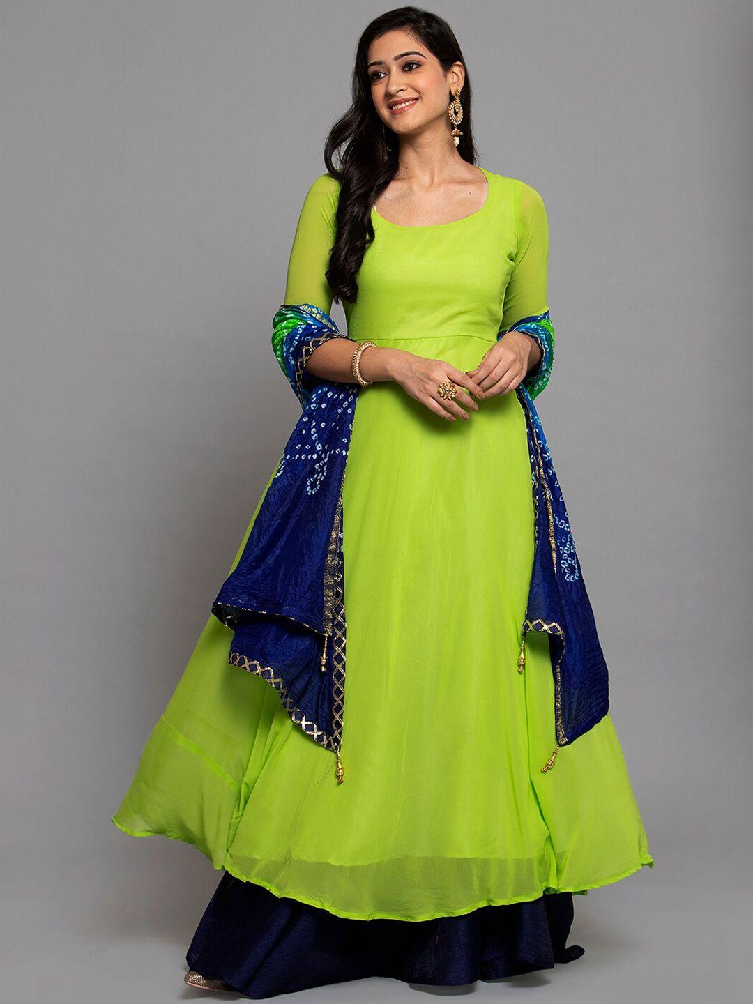 get glamr green georgette maxi dress with bandhani print dupatta