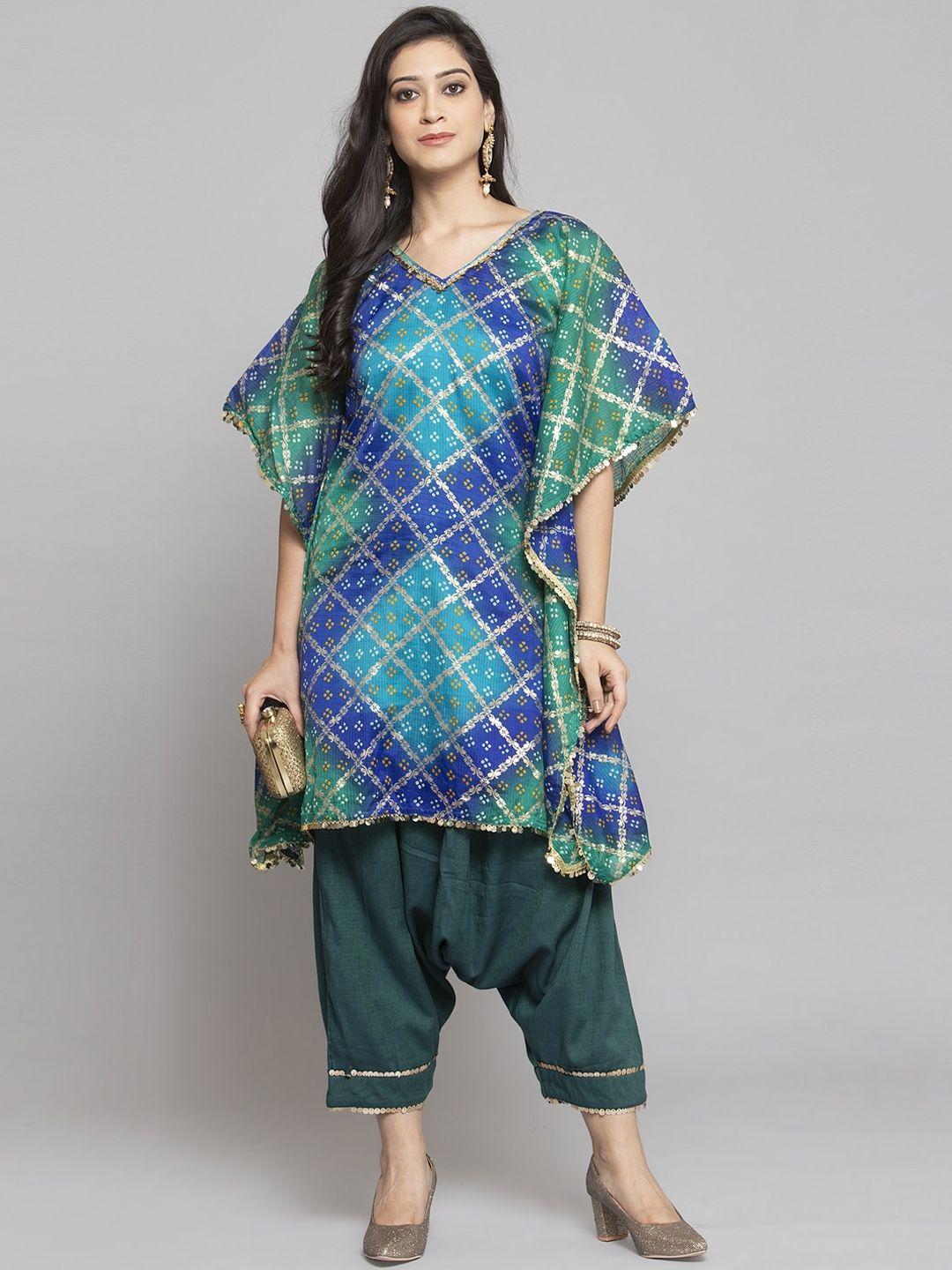 get glamr women blue & green printed kurta with harem pants