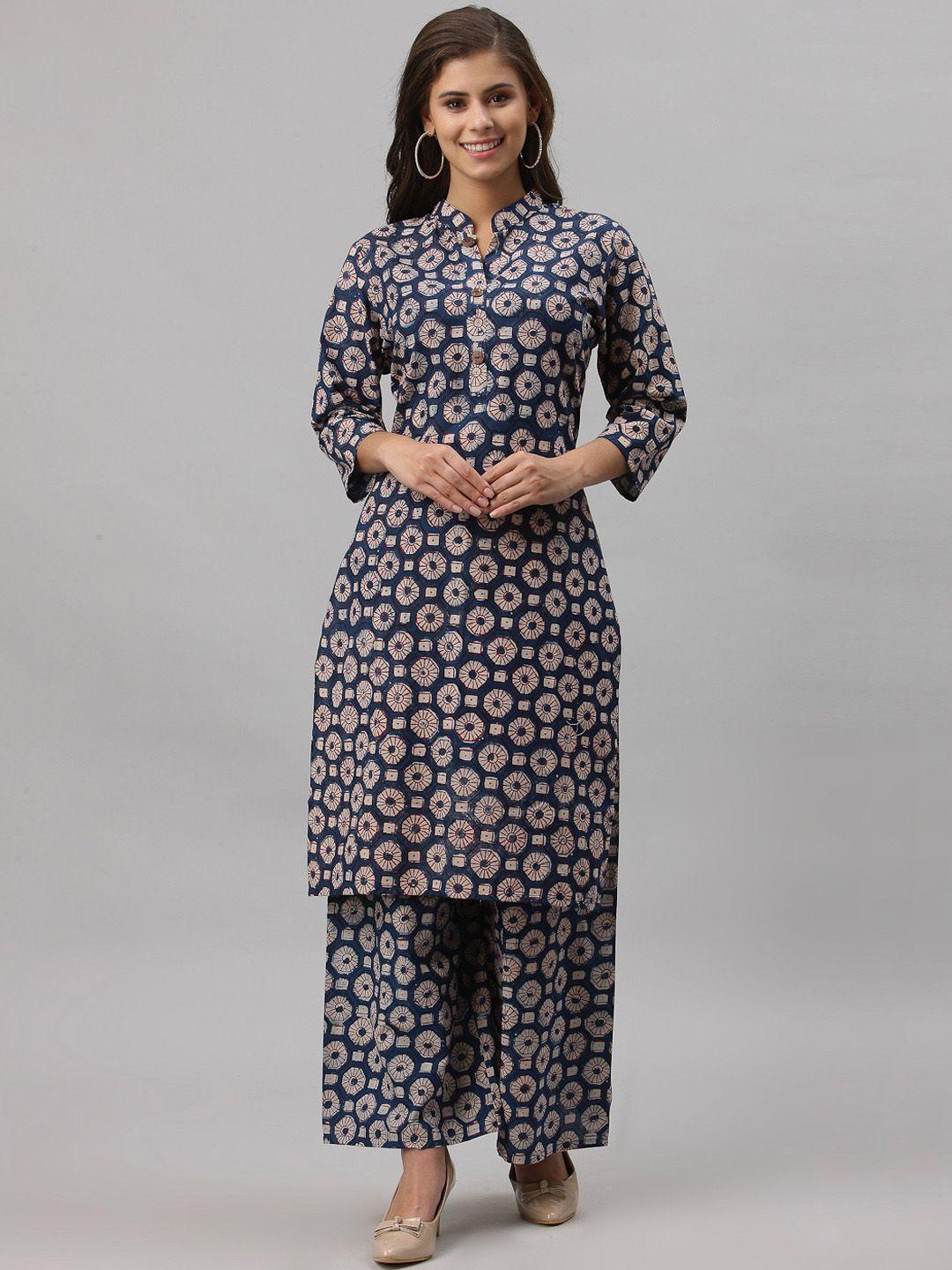 get glamr women blue printed regular pure cotton kurta with palazzos