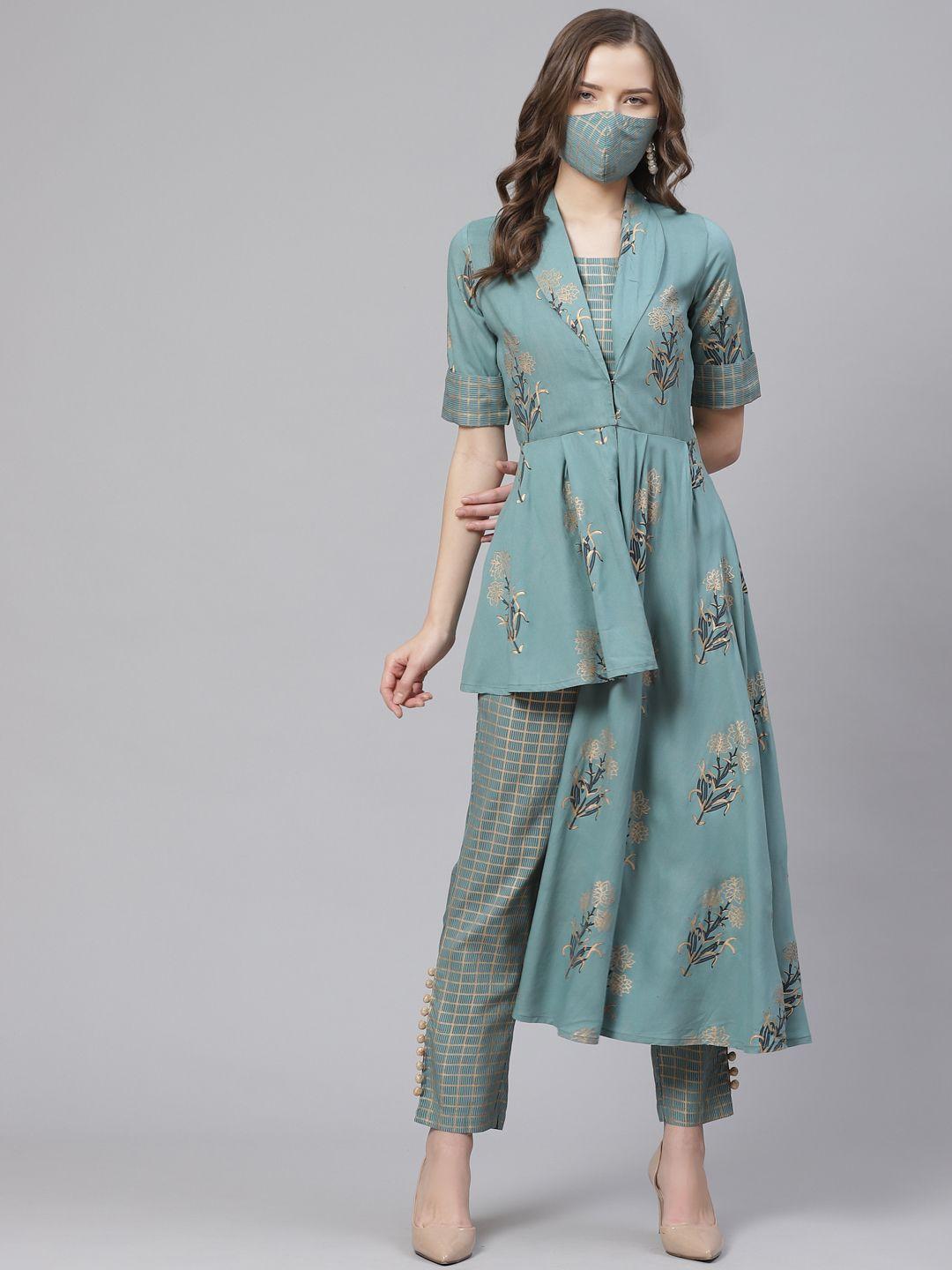 get glamr women green & golden foil printed top with trousers and ethnic jacket